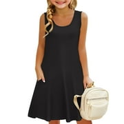 Girls Summer Dress Size 14-16 Casual A-Line Sleeveless Midi Dress Cute Basic Crew Neck Swing Sundresses with Pockets for 4-14t Kids,Black 10-12 Years